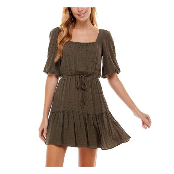 CITY STUDIO Dresses & Skirts - CITY STUDIO Womens Green Tie Waist Hem Elbow Sleeve Short Fit + Flare Dress M